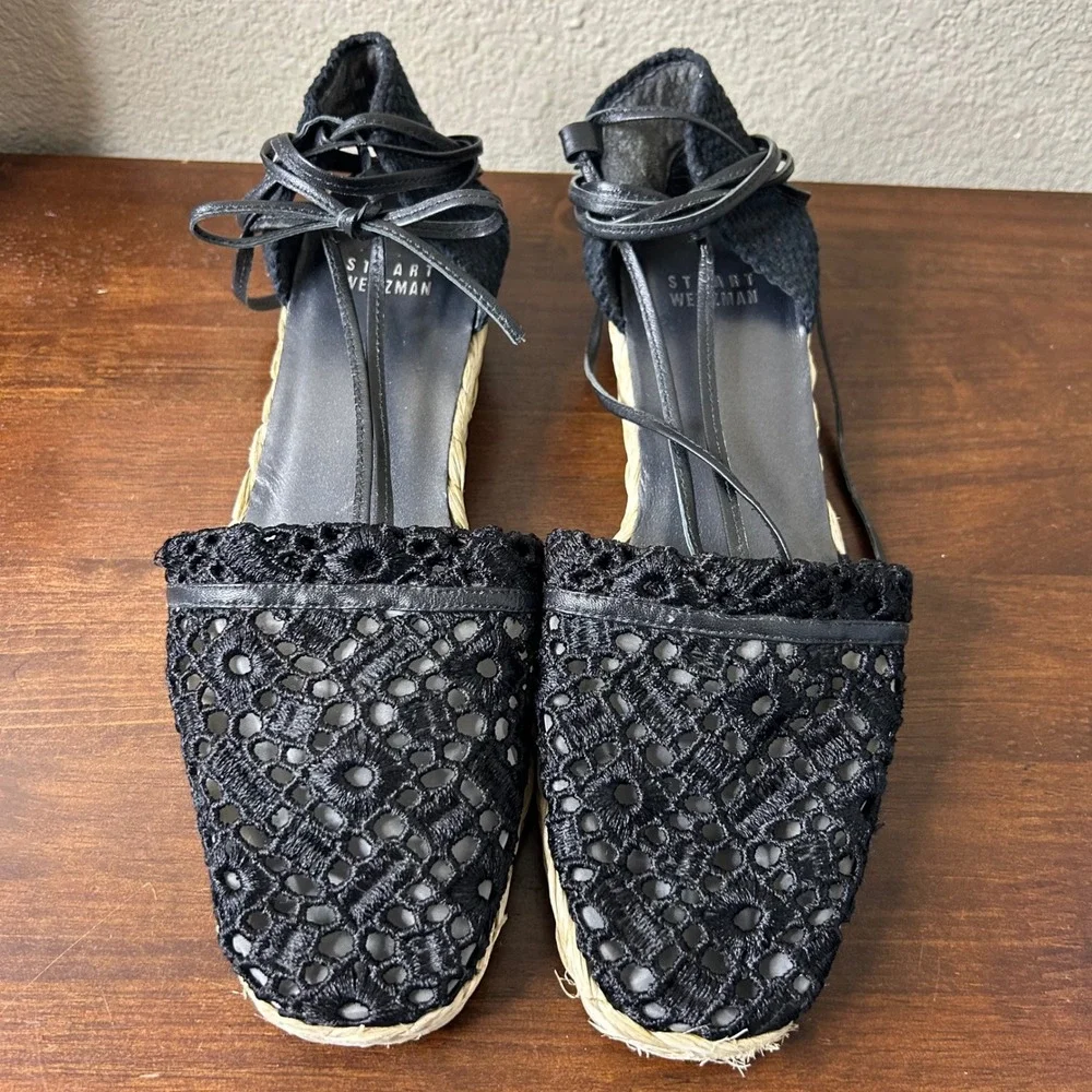 Stuart Weitzman Espadrille 8 Black Crochet‎ Lace Wedge Ankle Lace Up Sandals